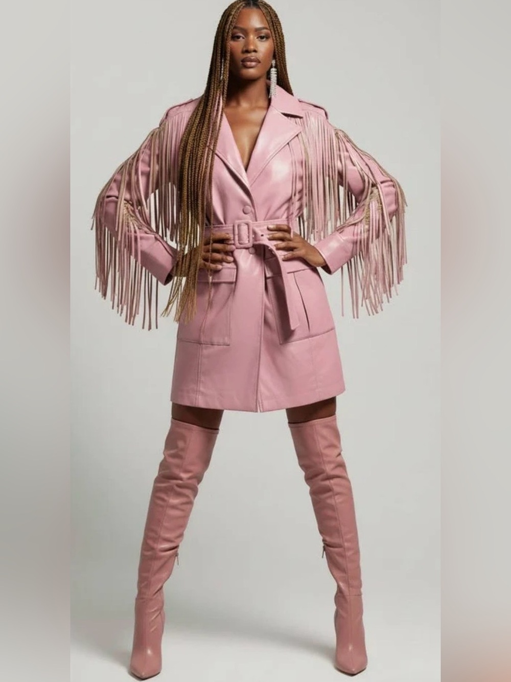 Pink Faux Leather Fringe Coat Dress- Statement Western Glam
